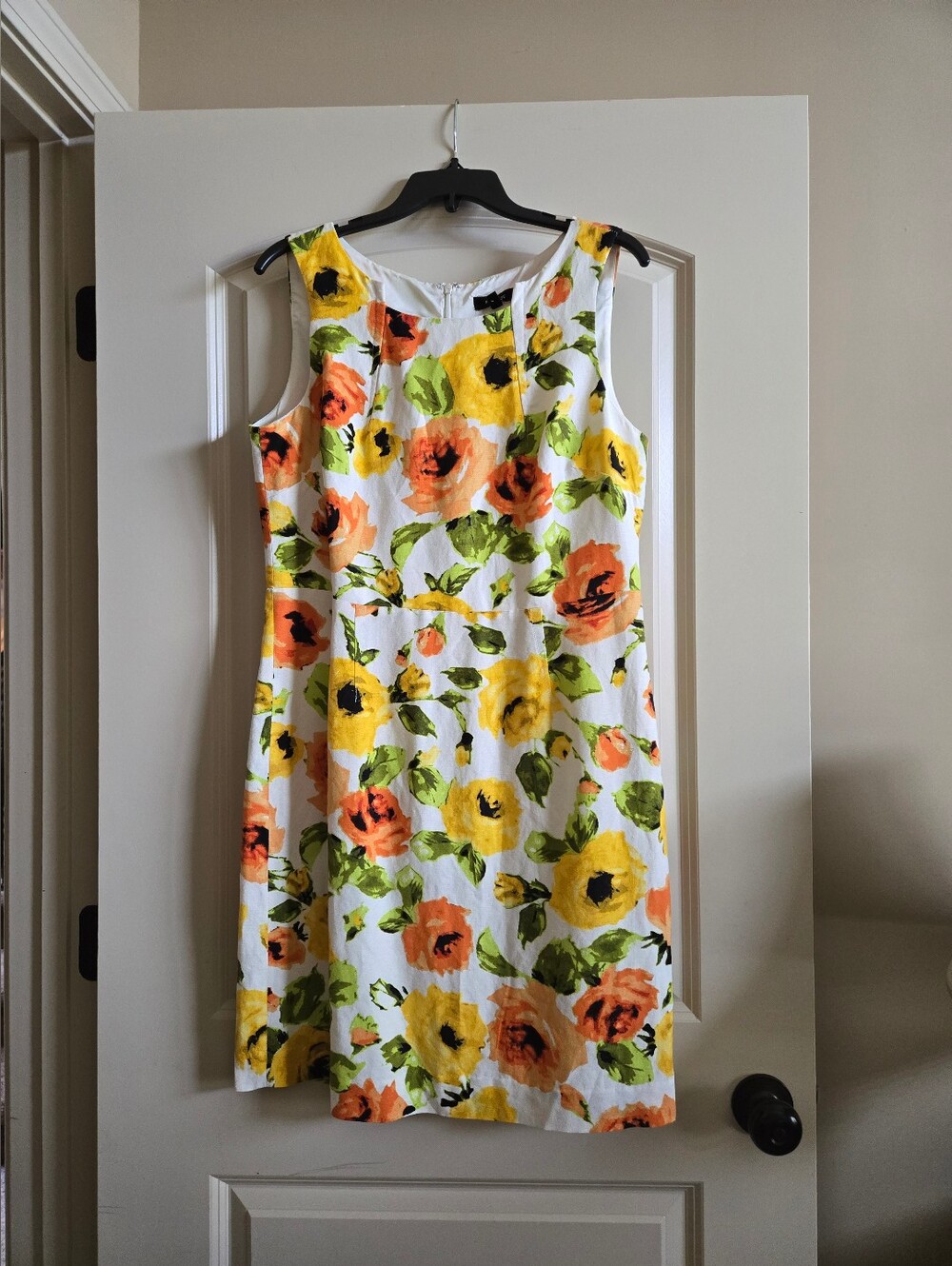 Sleeveless White Floral Summer Dress with Yellow & Orange Blooms